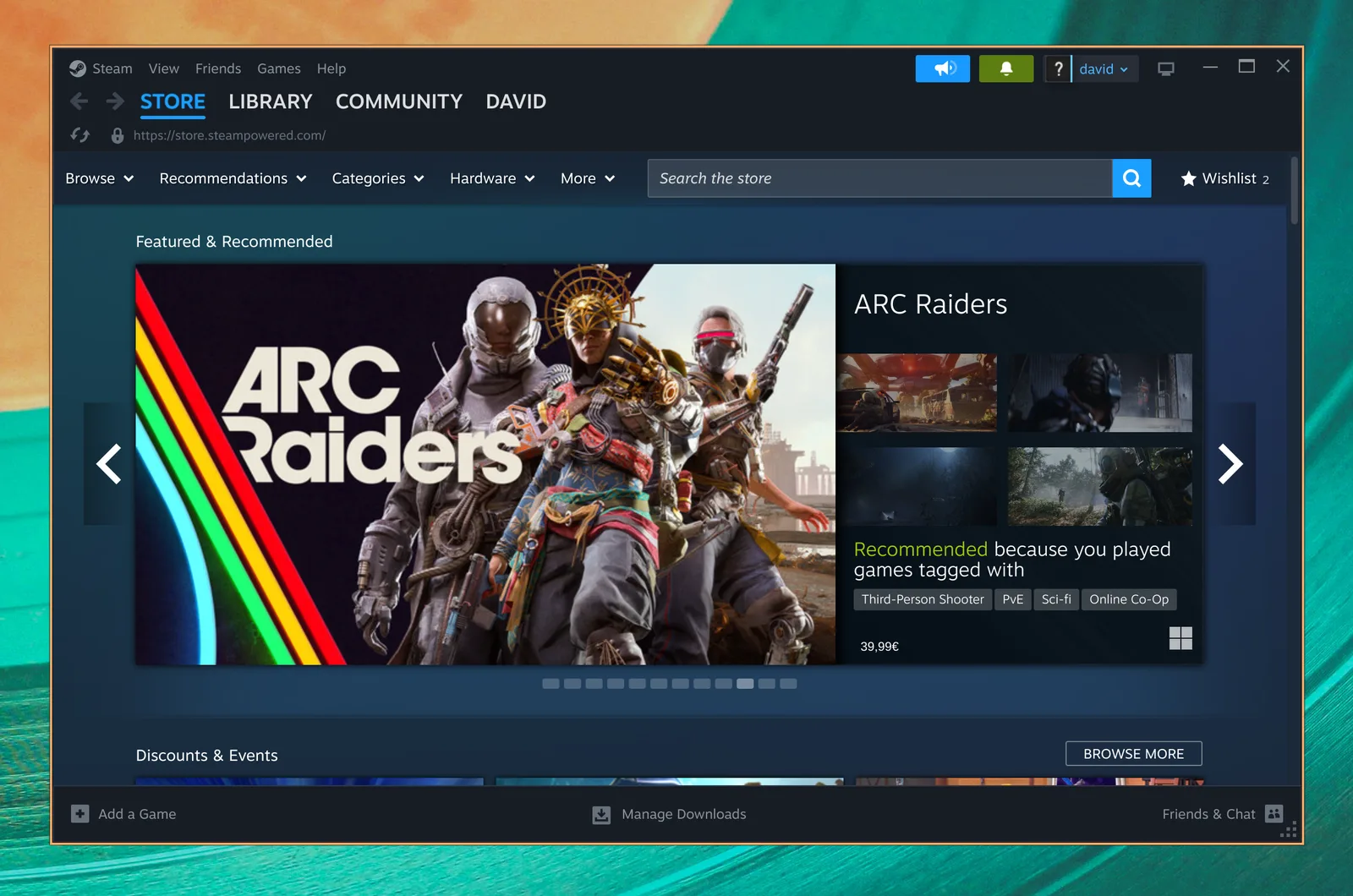 Steam na nagpapakita ng tindahan nito ng mga laro sa Omarchy