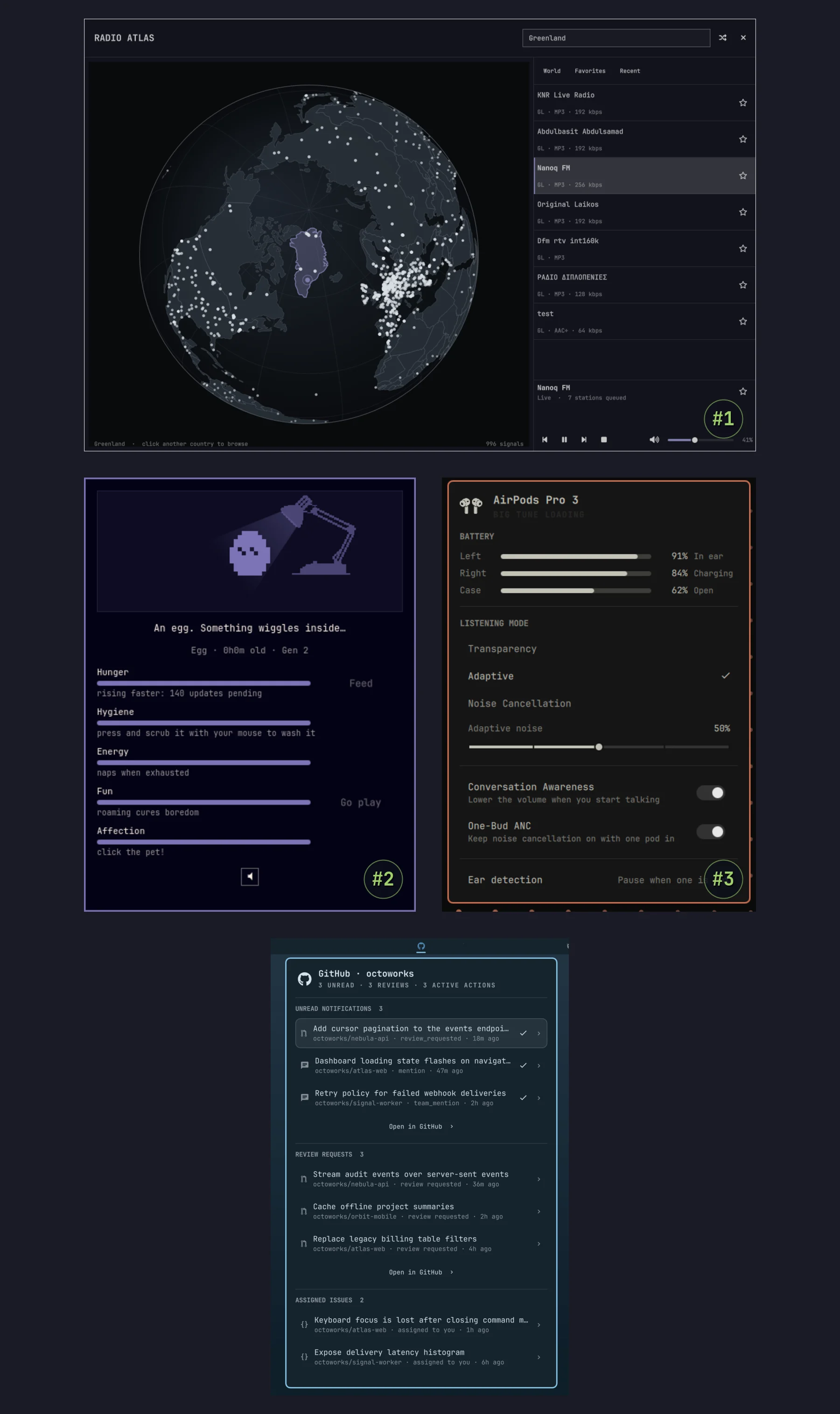 Radio Atlas, Omagotchi, AirPods, at GitHub